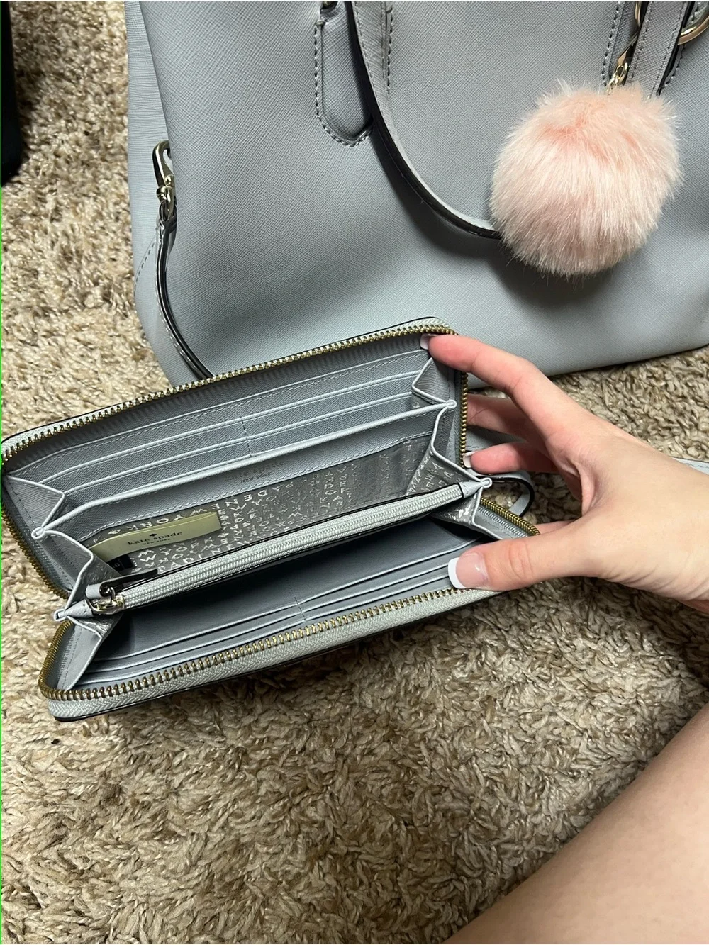 kate spade Light Gray Satchel with Matching Wallet and Pink Pom Keychain